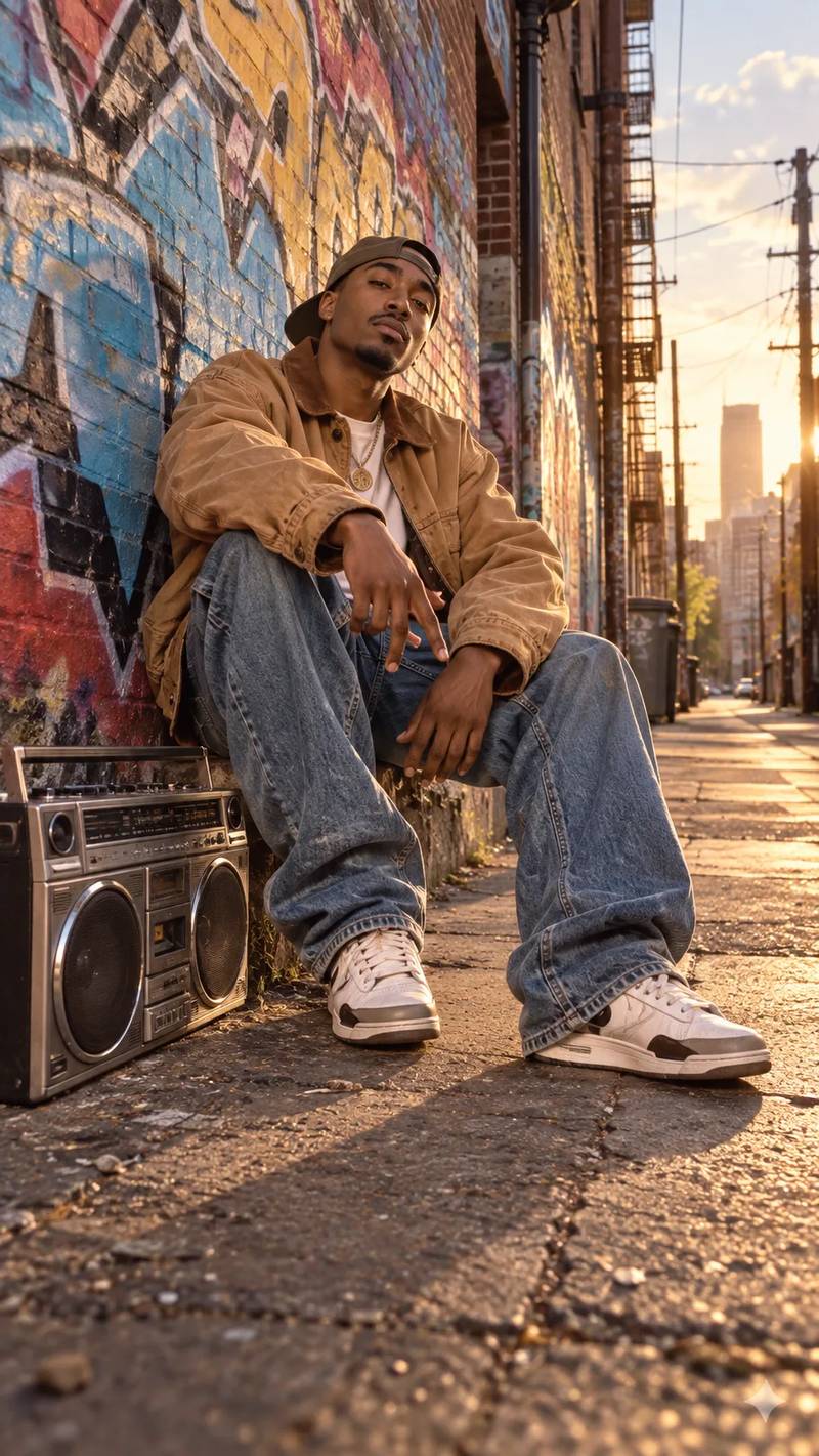 Illustrated scene reference of a fictional rap performer seated beside a boombox in a sunlit graffiti alley