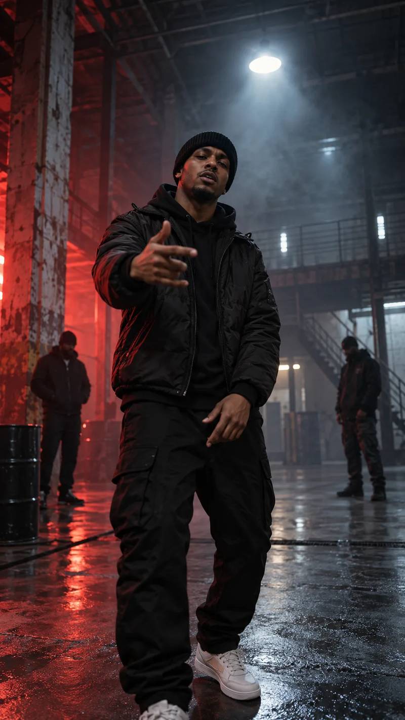 Illustrated scene reference of a fictional rap performer in black streetwear inside a red-lit industrial warehouse