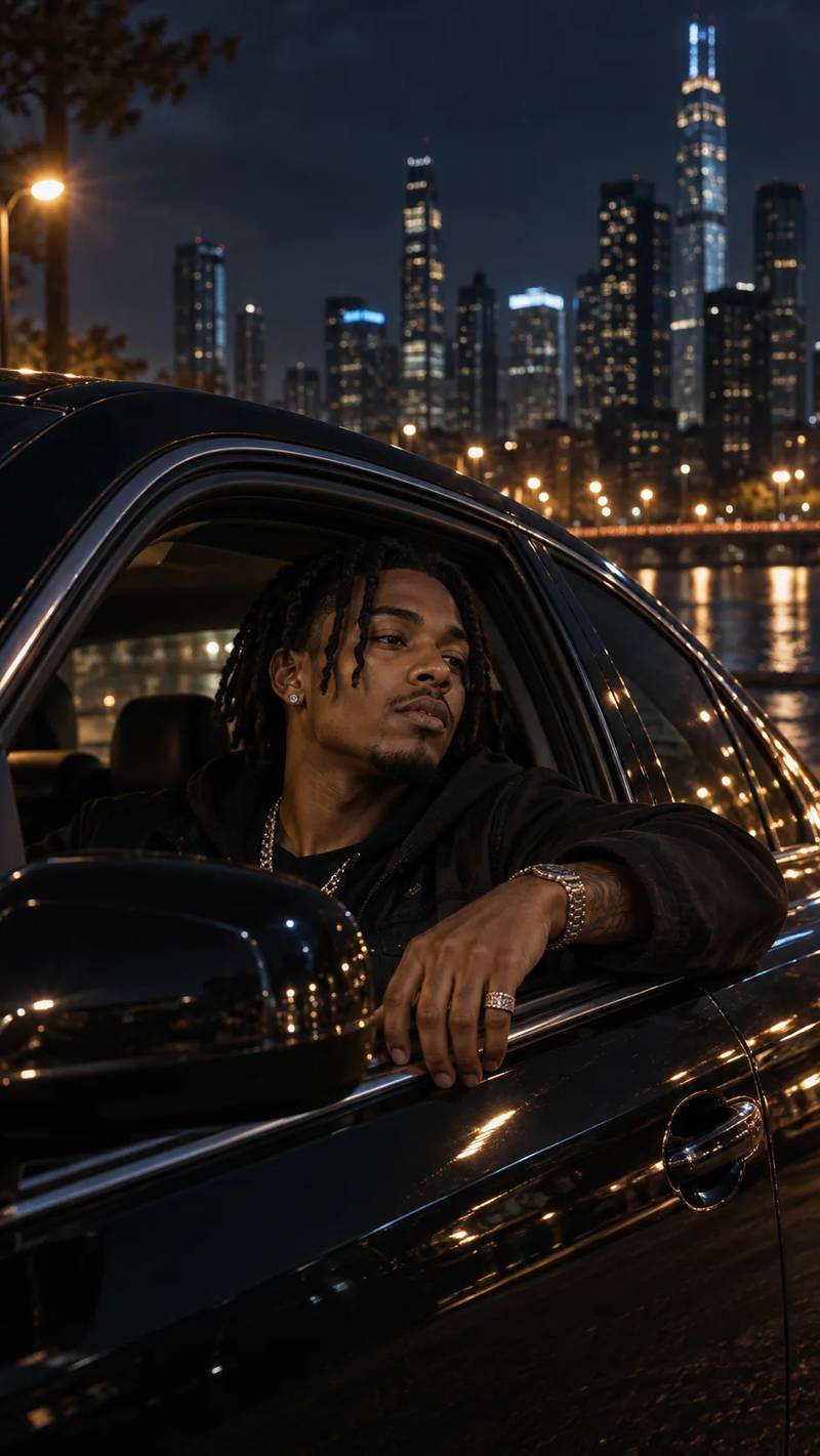 Illustrated scene reference of a fictional melodic rap performer leaning from a parked car window at night with a city skyline behind