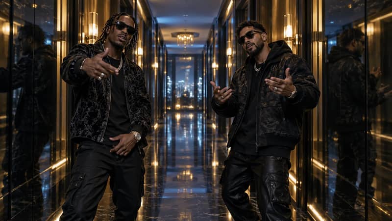 Illustrated scene reference of two fictional rap performers in dark streetwear gesturing in a mirrored hotel corridor