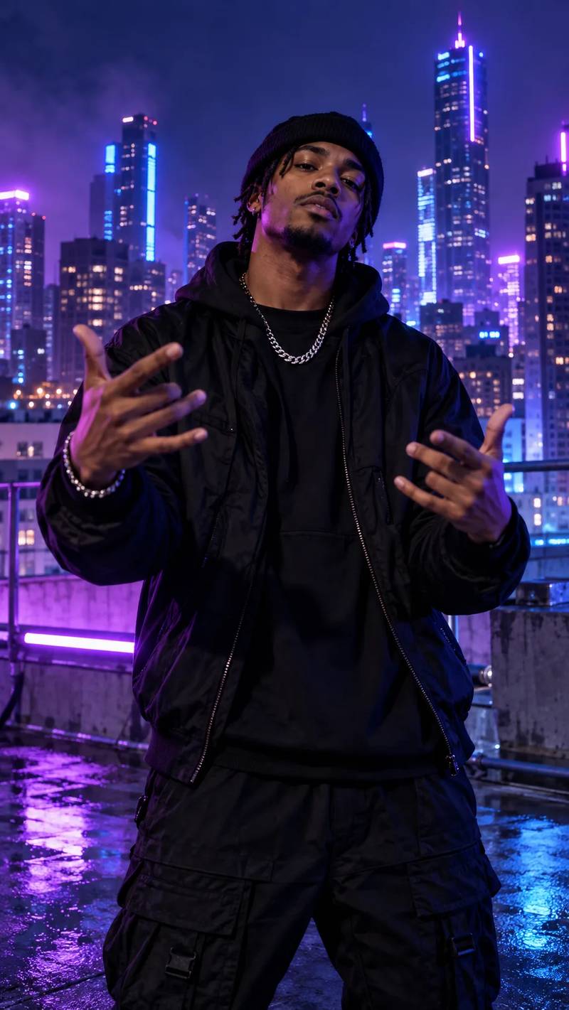 Illustrated scene reference of a fictional rap performer on a neon-lit rooftop at night