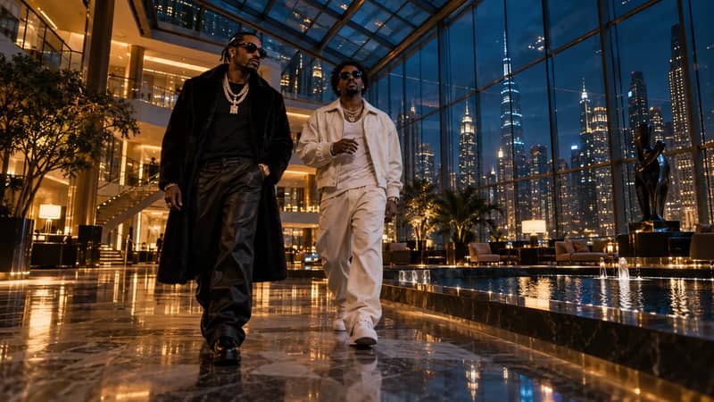Illustrated scene reference of two fictional rap performers walking through a glass hotel atrium with a night skyline behind them