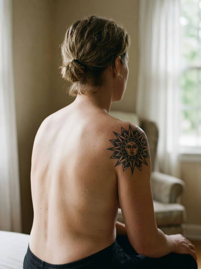 Tatuaż blackwork ze słońcem-mandalą w podglądzie na zdjęciu ramienia