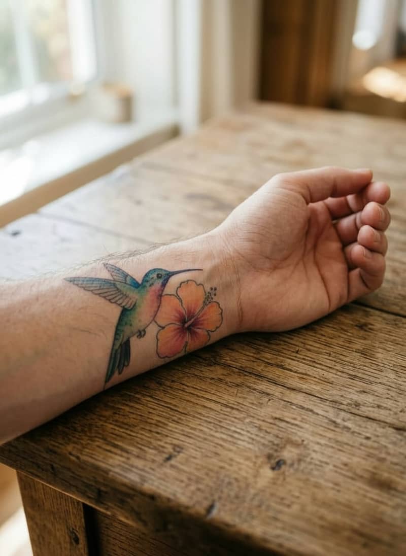 Akwarelowy tatuaż z kolibrem i hibiskusem w podglądzie na zdjęciu przedramienia