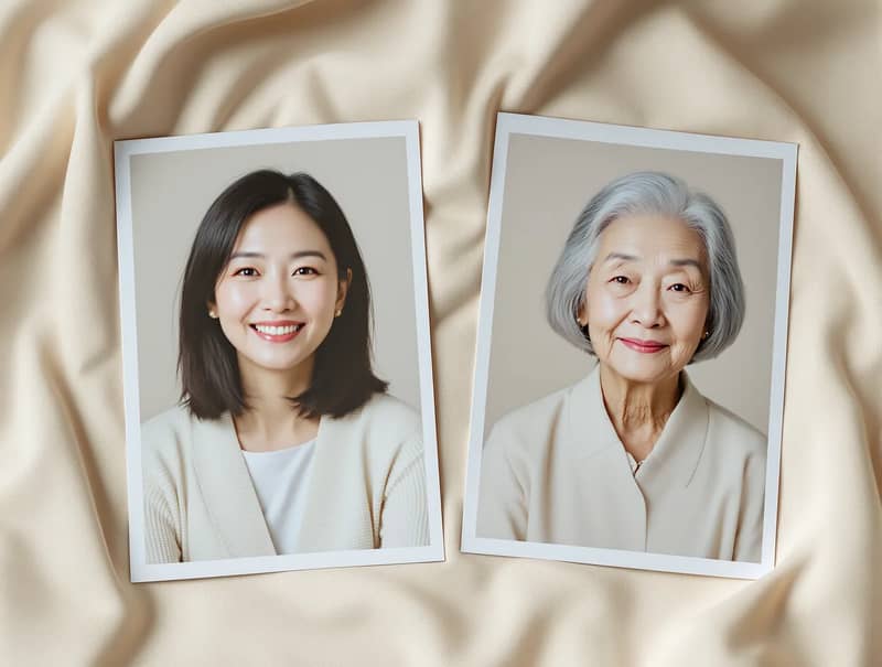 アイボリーのリネンの上に並べた、AI 生成の架空の人物(成人の娘と年配の母親)の 2 枚の肖像写真。