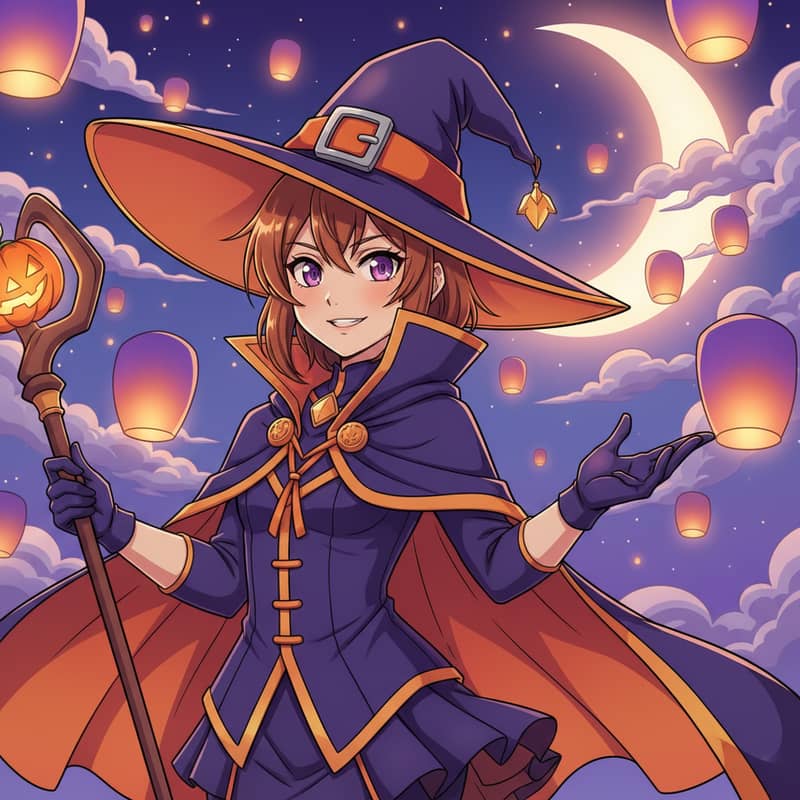 Cel-shaded anime illustration of a person in a Halloween witch hat with orange and purple lighting