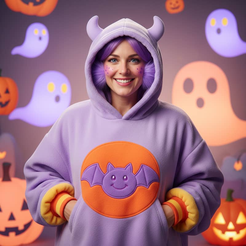 Friendly cute monster costume portrait with small rounded horns and soft purple fur details