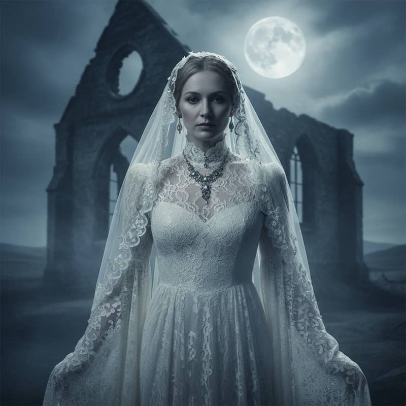 Ghost bride portrait in an aged lace gown and long veil lit by pale blue moonlight