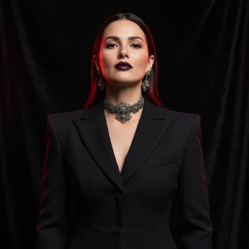 Gothic glam fashion portrait in sharp black tailoring under red and black rim lighting