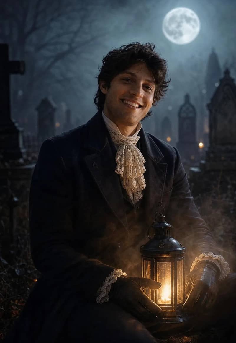 Victorian gentleman in a lace cravat holding a glowing lantern among headstones under a full moon