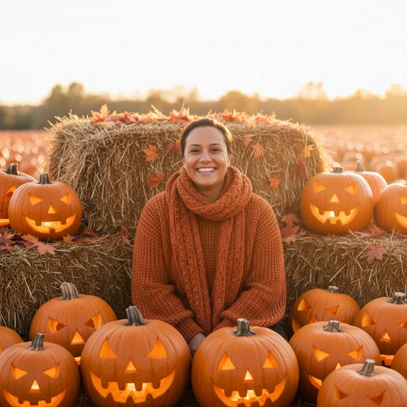 Autumn pumpkin patch portrait in knitwear surrounded by carved jack-o-lanterns at golden hour