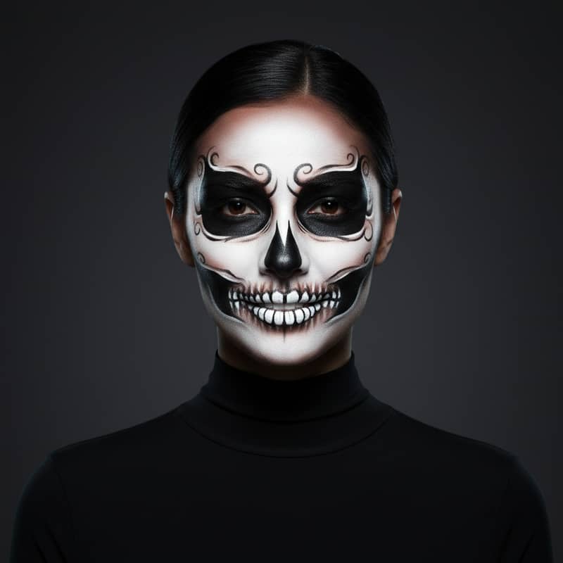 Skeleton face paint portrait with painted skull contours and a dark studio background