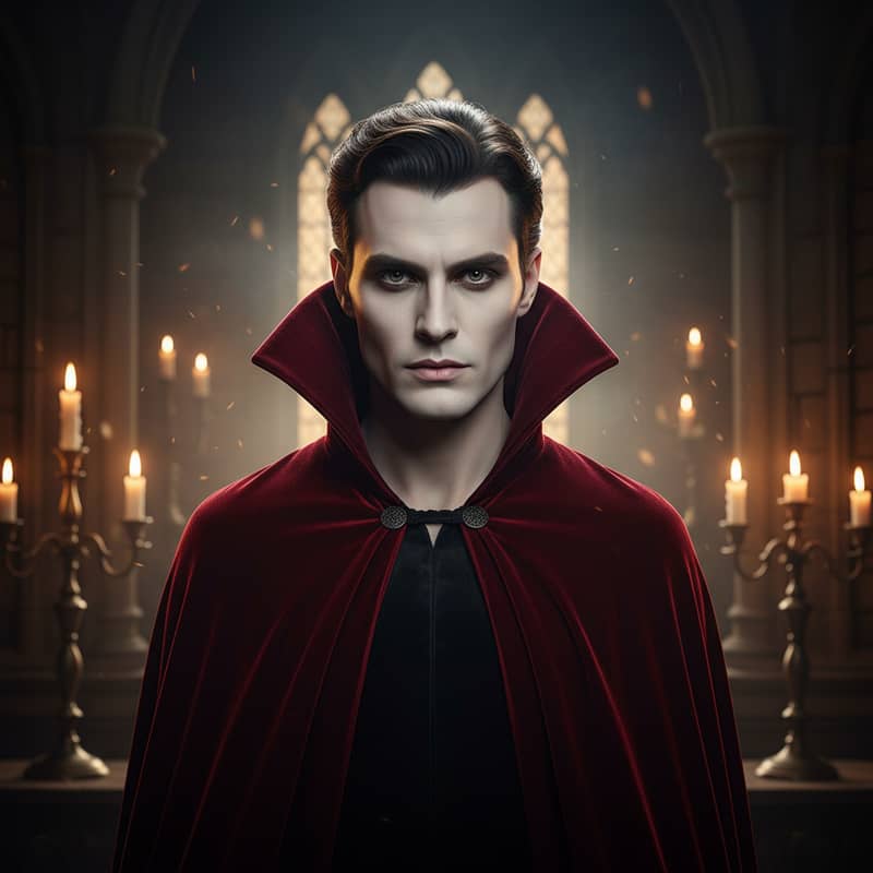 Vampire costume portrait with pale skin, a high-collared cape and candlelit shadows