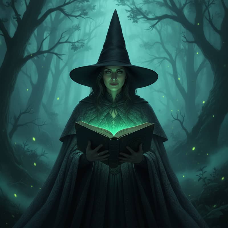 Witch costume portrait with a wide-brimmed pointed hat and a layered cloak in misty woodland