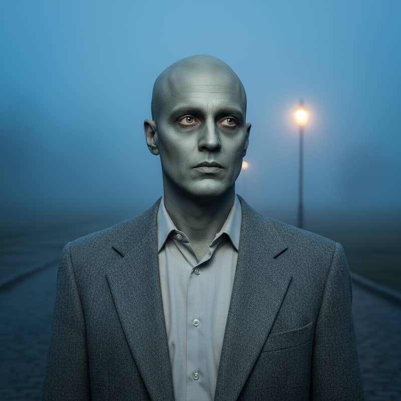 Zombie costume portrait with grey-green skin and vintage clothing on a foggy street