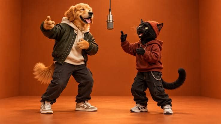 Golden retriever et chat noir générés par IA, en tenue streetwear devant un micro, exemple ludique de modèle hotel lobby AI