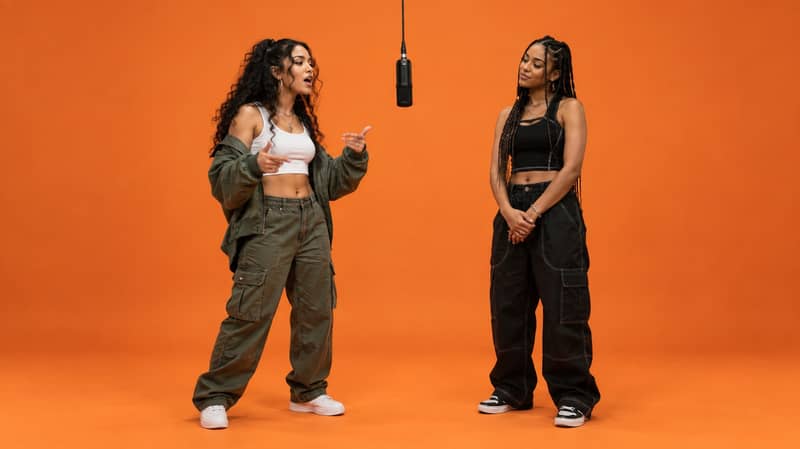 Duo de rap fictif généré par IA, en pantalon cargo sur un décor orange, exemple d'image de départ pour une vidéo hotel lobby AI image vers vidéo