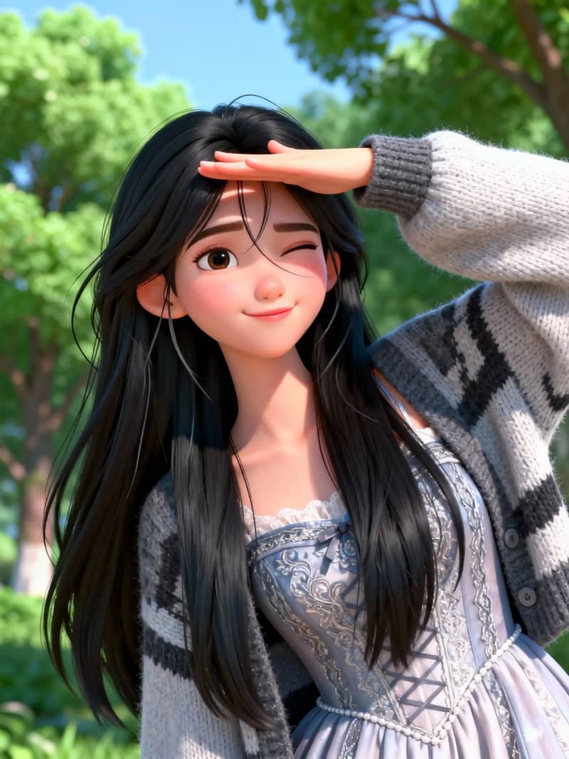 AI 모션 컨트롤 캐릭터 이미지: 공원에 있는 긴 검은 머리의 3D 카툰 소녀