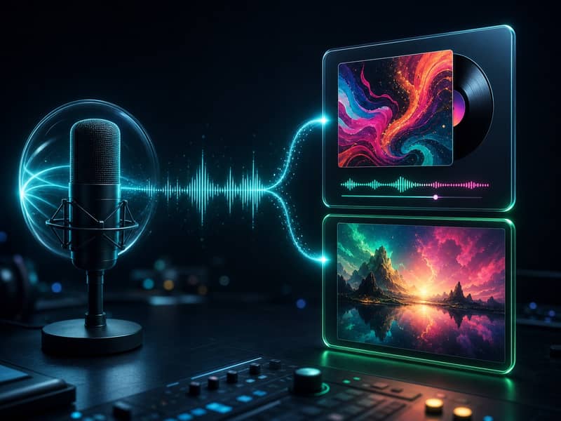 Voice idea workflow turning into AI music and generated image outputs
