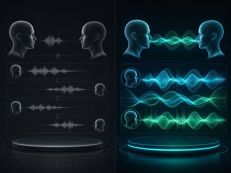 Visual comparison of half-duplex voice and full-duplex GPT-Live conversation
