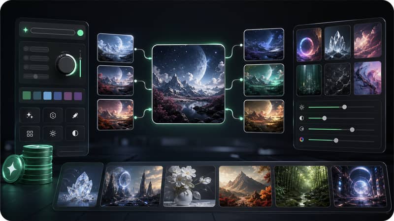 AI image generation workspace showing prompt testing and image variation branches