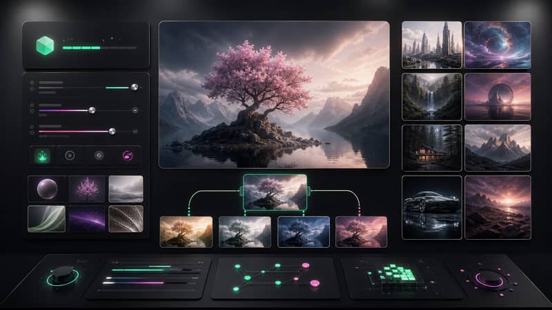 Dark AI image generation studio showing prompt testing, image variations, and credit-based creation controls