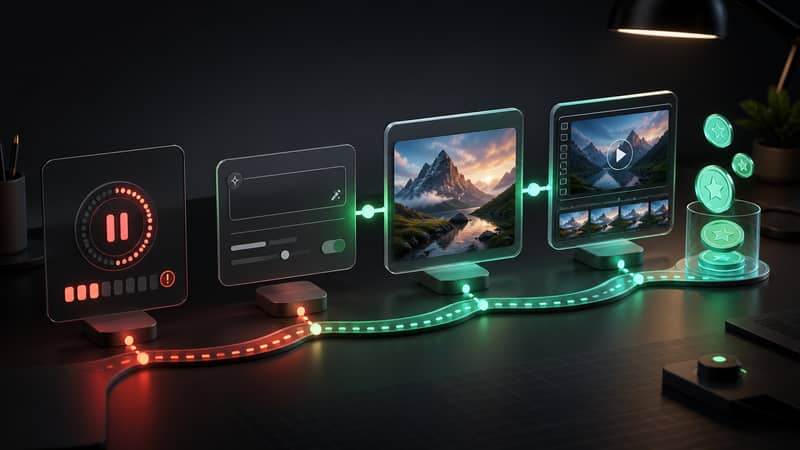 AI creation workflow continuing with credit-based image and video generation after a usage limit
