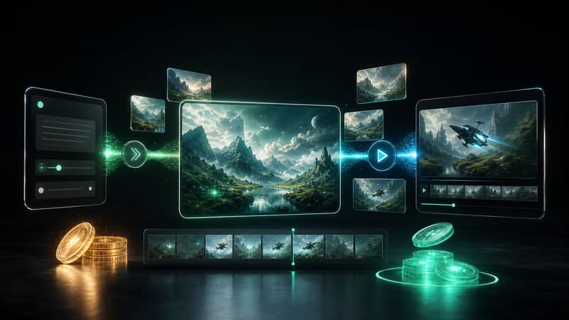 Dark creative AI workspace showing image and video generation workflows with credit-based creation controls