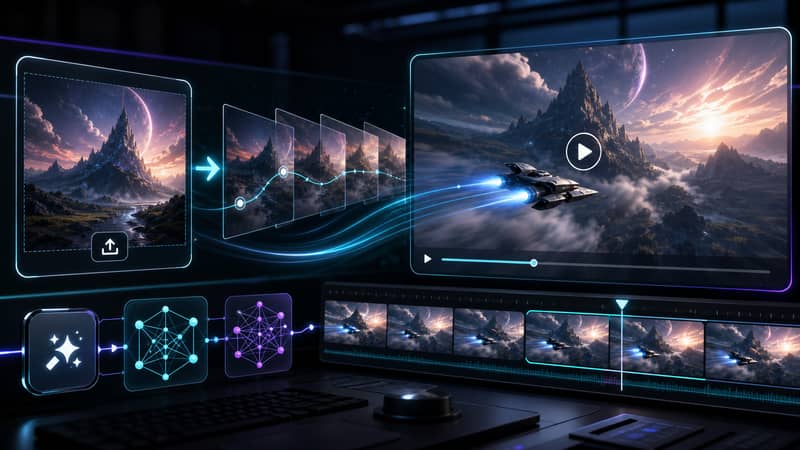 Cinematic AI image-to-video workspace showing a still image becoming motion frames and a video preview