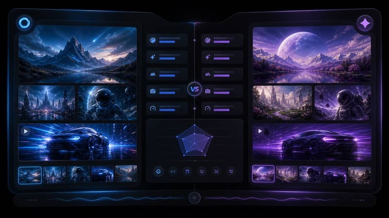 Grok Imagine and Gemini comparison dashboard with image and video generation previews