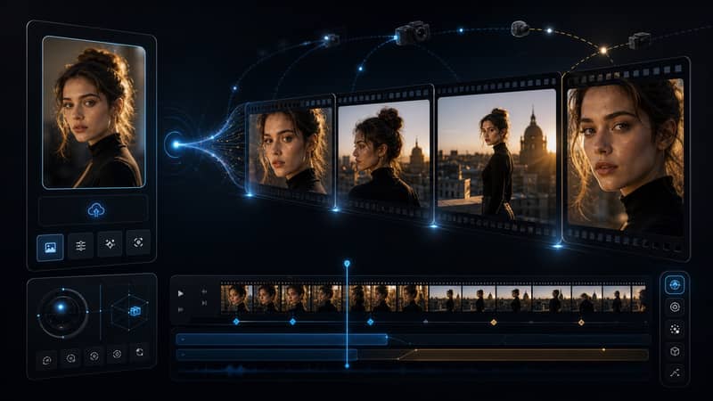 Image to video workflow showing a reference image animated into a cinematic sequence