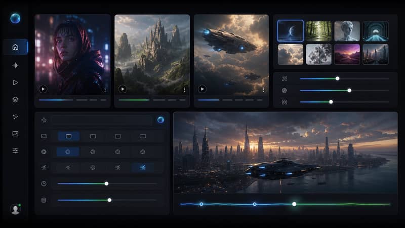 Prompt library and Grok video output showcase with cinematic video cards