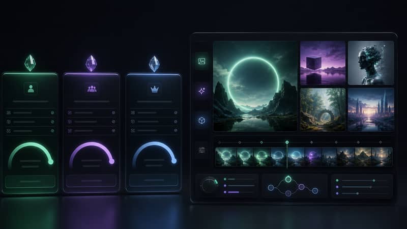 Dark AI generation dashboard comparing SuperGrok plan tiers and a multi-model creative workflow